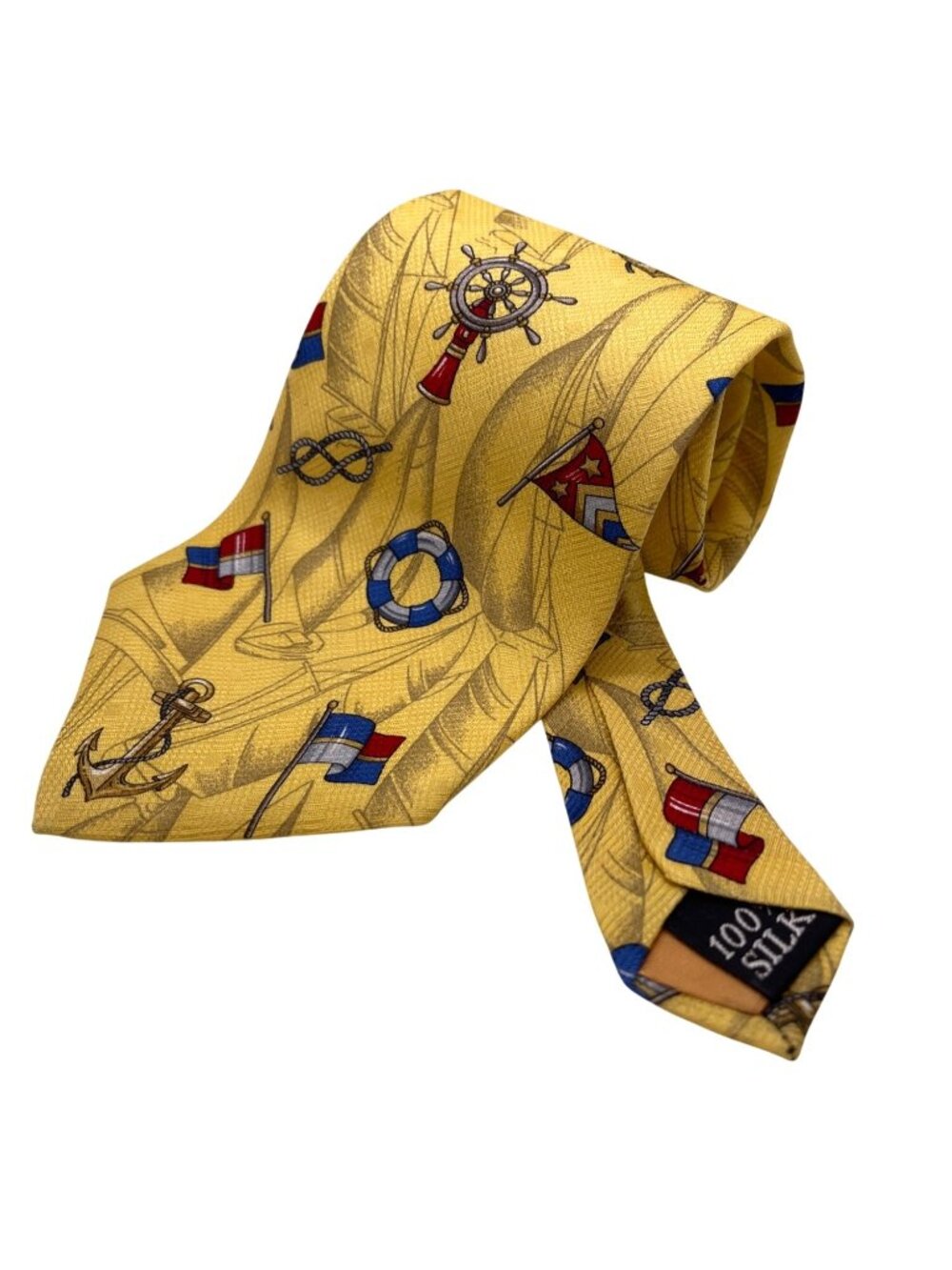 Silk Tie Sport Maritime Yacht Club Nautical Flag Ship Wheel Anchor Yellow VTG